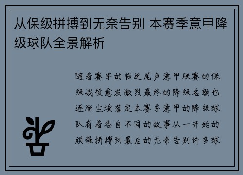 从保级拼搏到无奈告别 本赛季意甲降级球队全景解析