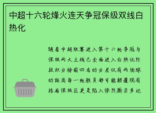 中超十六轮烽火连天争冠保级双线白热化