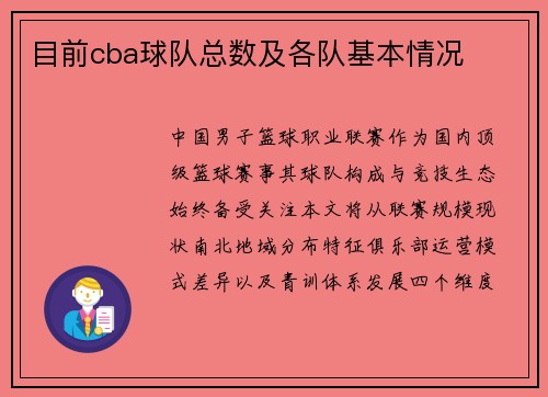 目前cba球队总数及各队基本情况