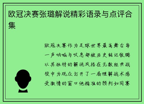 欧冠决赛张璐解说精彩语录与点评合集